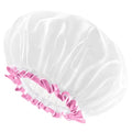 mikimini White Shower Cap Waterproof Reusable, Double Layers Bathing Hair Cap with Soft Comfortable PEVA Lining, Cute, Non-fading & Stretchy Shower Hat Medium (Pack of 1) White - color: White+Pink Lace, size: Medium (Pack of 1)