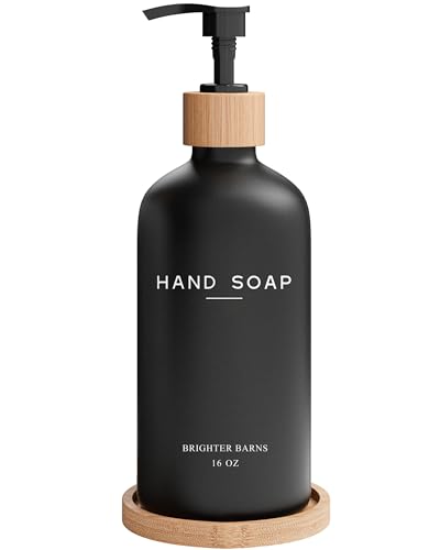Black Glass Hand Soap Dispenser Bathroom Set by Brighter Barns - Bathroom Soap Dispenser Set with Tray - Glass Pump Bottle - Luxury Bathroom Accessories for Hotel, Vacation Rental, Restaurants (Black) - color: Black H