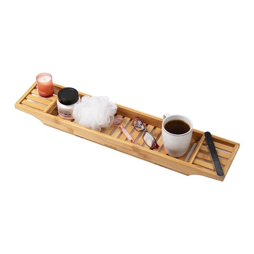 Mind Reader Bathtub Tray, Shower Organizer, Bathroom Accessory, Wood Tray, Rayon from Bamboo, 27.5" L x 5.75" Wx 1.75" H, Brown - style: Bathtub Tray