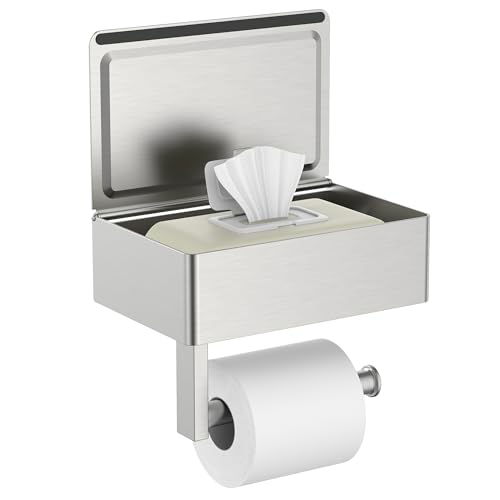 FORIOUS Toilet Paper Holder with Shelf, Sanitary Napkin Receptacle Tampon Holder, Wall Mount Toilet Paper Holder with Storage, Flushable Wipes Dispenser Fits for Bathroom Commercial(1, Brushed Nickel) - color: Stainless Steel, size: 1 Pack-8" (L)