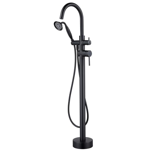 Wowkk Tub Filler Freestanding Bathtub Faucet Black Floor Mounted Brass Bathroom Tub Faucets with Hand Shower - color: Black
