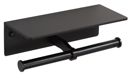 Toilet Paper Holder - Double Rolls Toilet Tissue Holder with Phone Shelf for Bathroom - TP Roll Holder with Wipes Storage, Wall Mounted by Adhesive Pad No Drilling or Screw - Matte Black - color: Black-2 Rolls