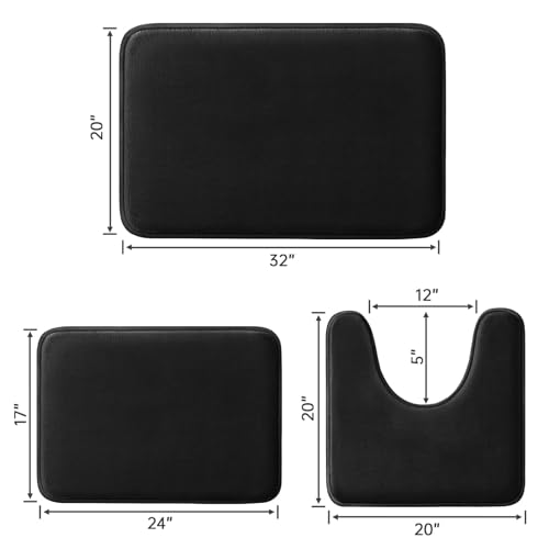 HUXMEYSON Bathroom Rugs Sets 3 Piece, Ultra Soft Velvet Memory Foam Bath Rugs, Non-Slip & PVC Backing Bathroom Mat Set, Washable Quick Dry Bath Rug - Black - color: Black, size: 17"x24"+20"x32"+U Shape 20"x24"