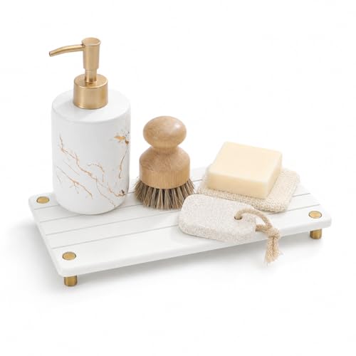 Razborci Instant Dry Sink Caddy Kitchen Sink Organizer, Quick Drying Stone Tray Diatomite Sponge Holder Soap Dish, Bathroom Countertop Fast Dry Water Absorbing Vanity Rack, Gold White, 12" x 5" - color: 1. Gold - White, size: 12" x 5" x 1"