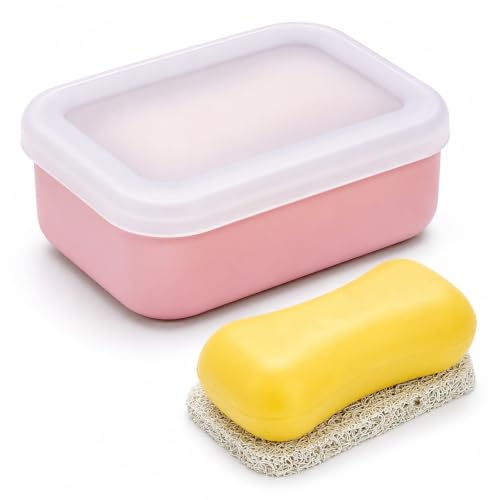 AIDIMMING Leak Proof Silicone Travel Soap Case with Clear Lid & Drain Pad, Compact Bar Soap Container, Portable Soap Holder for Standard Bar Soap & Handmade Soap, Travel Camping Gym (Clear&Pink) - color: Clear&pink