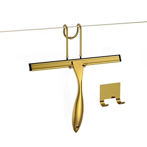 Shower Squeegee and Window Squeegee, Stainless Steel, 100% Streak-Free, Cleaner for Bathroom Showers Glass Doors, Home Mirrors, Car Windows Wiper, Adhesive Holder, Shower Door Hook, 10 Inch, Gold - color: Gold, size: 10-Inch