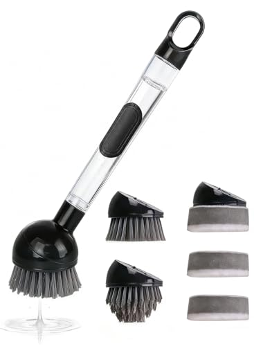 Soap Dispensing Dish Brush with Handle, 360° Rotating Head, 5-Piece Kitchen Cleaning Set (2 Brush Heads & 3 Sponges), Non-Scratch Scrubber for Pot, Pan, Sink, Leak-Proof Dishwand, Black - color: Black