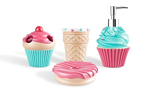 Bathroom Accessories Sets Organizer Complete with Milkshake Lotion/Soap Dispenser,Egg Tube Bath Cup/Tumbler,Donut Soap Dish,Cake Toothbrush Holder for Kids Bath Decor (Pink) - style: Ice Cream Design
