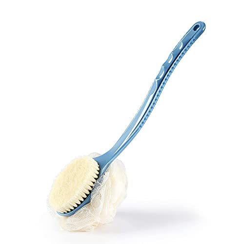 Shower Body Brush with Bristles and Loofah,Back Scrubber Bath Mesh Sponge with Curved Long Handle for Skin Exfoliating Bath, Massage Bristles Suitable for Wet or Dry, Men and Women (Blue) - color: Blue