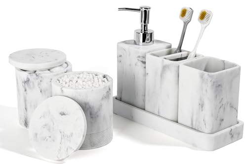 YMXYJM Bathroom Accessories Set, 6 Piece Bathroom Set with Toothbrush Holders, Soap Dispenser, Vanity Tray, Tumbler, Cotton Swab Jars, Bathroom Organizer，Bathroom Sink Sets, Artificial Marble White - color: White