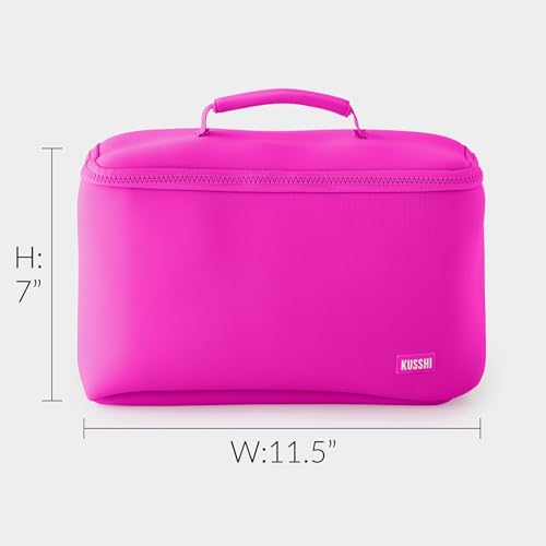 KUSSHI Neoprene Train Case Makeup Bag - Washable Makeup Travel Bag & Vanity Case for Stress Free Travel (Large, Pink/Indigo) - color: Pink/Indigo, size: Large