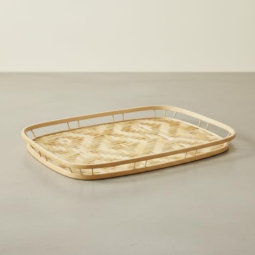 PEMAR Extra Large Bamboo Serving Trays with Handles, Set of 2 Measuring 19.3" x 13.8" Large Woven Dinner Tray, Rustic Wicker Rattan Tray Style for Eating, Bed Breakfast, Couch TV Lap Tray - size: 19.3" x 13.8" x 2"