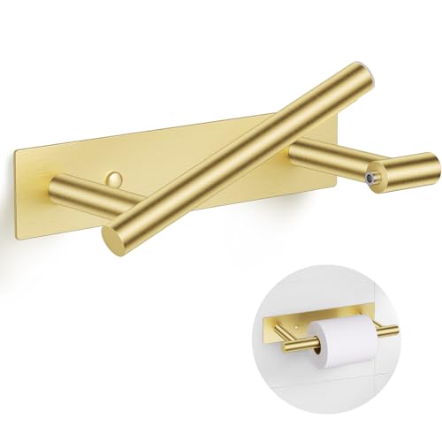 Brushed Gold Toilet Paper Holder, Adhesive or Screw Toilet Roll Holder Wall Mount, SUS304 Stainless Steel Double Post Pivoting Toilet Roll Holder for Bathroom, Kitchen, Washroom - color: Brushed Gold