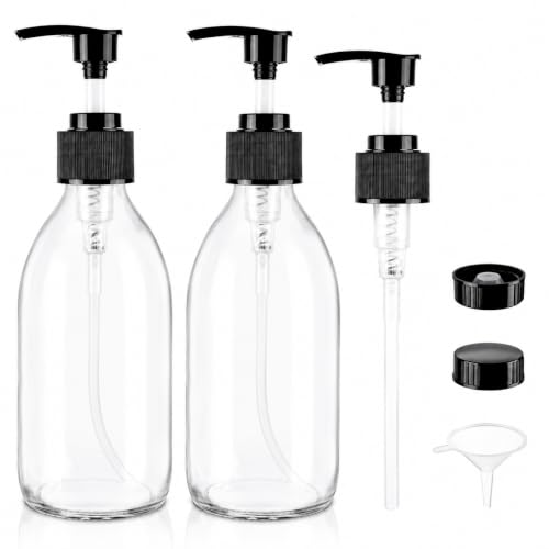 8 oz Clear Glass Pump Bottle, 250ml Small Lotion Dispenser Bottle for Body Massage Oil, Refillable Empty Hand and Dish Soap Dispensers Set with Storage Caps, Labels - 2 Pack - color: Clear