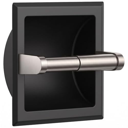FORIOUS Recessed Toilet Paper Holder, Stainless Steel Durable Tissue Roll Holder Wall Mount for Bathroom Space Saving Design with Mounting Bracket, Matte Black & Brushed Nickel - color: Black & Stainless Steel