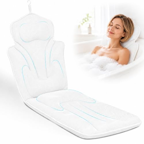 Full Body Bath Pillow for Bathtub Thickened 5D Air Mesh 144 Suction Cups | Bath Pillow Luxury Bathtub Pillow 3.7'' Thick Head, Neck and Back Support Bath Tub Pillow Large 56 x 18 Inch Size - color: White, size: Small