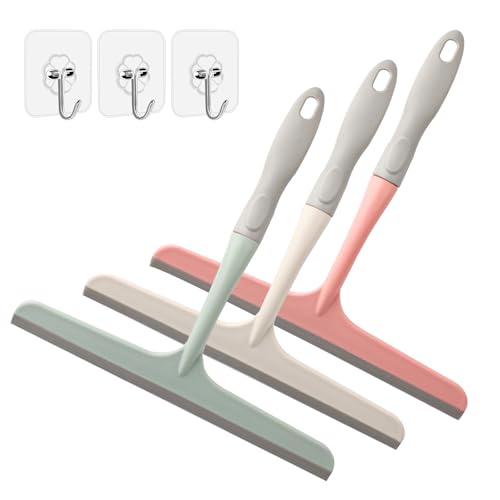 3 Pcs Shower Squeegee for Glass Doors, Car Window Squeegee, Streak-Free Mirror Cleaner Tool for Bathroom Kitchen Sink Countertop Tile Glass Shower Door Scraper Household Squeegees, with 3 Hooks - color: 3pcs - Beige/Pink/Green