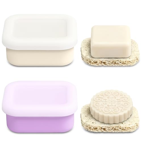 OTHIX 2 Pack Leakproof Silicone Travel Soap Case Travel Essentials-Small Bar Soap Holder Container with Drainage Layer & Mini Portable Soap Dish for Shampoo Bars, Gym, Camping (Cream & Light Purple) - color: Cream & Light Purple