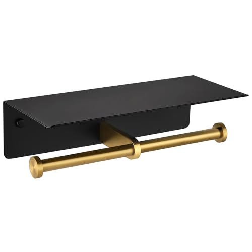 APLusee Double Toilet Paper Holder with Phone Shelf Black & Gold, 304 Stainless Steel Tissue Paper Roll Storage Dispenser, Wall Mounted - color: Black Gold, size: Double Rod