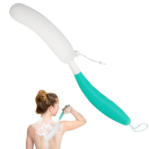 Back Scrubber for Shower, 15.35" Long Handle Shower Brush for Body, Back Brush for Shower for Men Women, Long Handled Bath Sponge for Deep Clean, Exfoliating, Anti-Slip Curve Handled Back Scrubber - size: Green-white