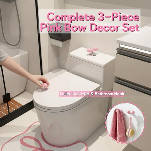 Bow Toilet Rug with Lid Lifter & Button; U-Shaped, Luxury, Scalloped Bathroom Mat; Non-Slip, Cute, Microfiber Soft Rugs Set — Pink Pastel Coquette Decor for Toilet Base (Pink, 24 x 20 Inches)