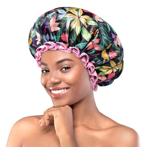 mikimini Shower Cap for Women and Grils,Pack of 1,Rainforest Bath Shower Caps with Pink Lace,Reusable Waterproof Shower Hat for Girls (Medium,Floral) - size: Medium (Pack of 1)