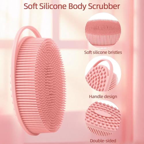 Silicone Body Scrubber 2 Pcs Silicone Loofah Exfoliating Body Scrubber for Men Women Soft Silicones Shower Scrubbers Double Sided Silicones Bath Bodys Brush for All Skin Lather Well, Gray and Pink - size: gray+pink