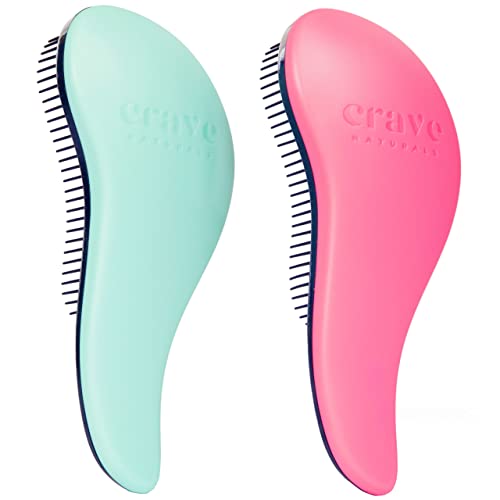 Crave Naturals Glide Thru Detangler Brush Pack of 2 - Curly Hair Brush for Women and Kids - Wet and Dry Comb for Adults - Soft Flexible Bristles for Gentle Use - Turquoise and Pink - color: Turquoise & Pink, size: 2 Pack (Regular)