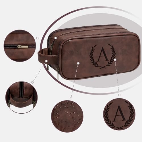 Travel Toiletry Bag For Mens PU Leather Engraved Initials (Dark Brown A) | Personalized Gifts For Father Husband Groomsmen Birthday Waterproof Dopp Kit Bag Beach Travel Essentials Bathroom Organizer - color: Dark Brown, style: A