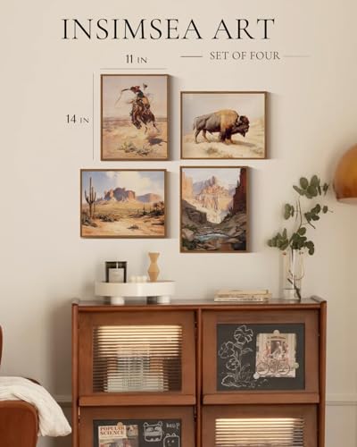 InSimSea 4 pcs Framed Canvas Art, Vintage Rustic Western Cowboy Art Prints, Southwest Landscape Bison Wall Pictures Decor for Living Room Bedroom Hallway, 11x14in,set of 4, Neutral Maximalist Decor - color: Rustic Western