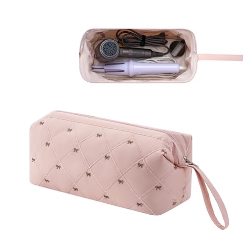RSRSLEII Large Quilted Hair Tools Travel Bag with Bow Pattern,Waterproof Hair Styling Accessories Storage Case for Shark FlexStyle, Dyson Airwrap Hair Dryer, Curling Iron, Revlon Hair Tools(Pink) - color: 02Pink