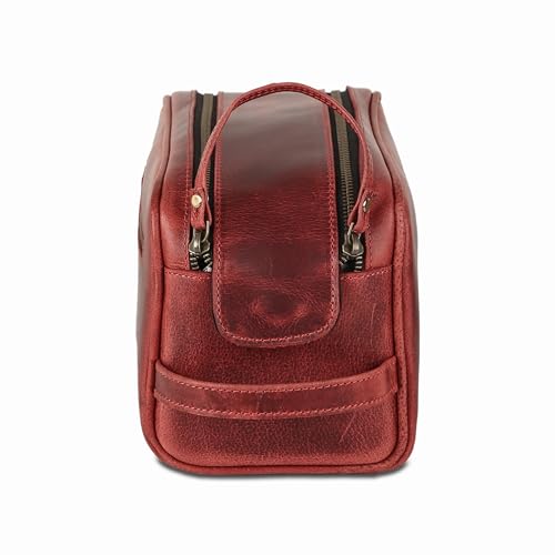 KomalC Leather Toiletry Bag for Men & Women – Handcrafted Travel Grooming Kit with Water-Resistant Lining and Secure Zipper Closure - style: 1 Zip Classic Red