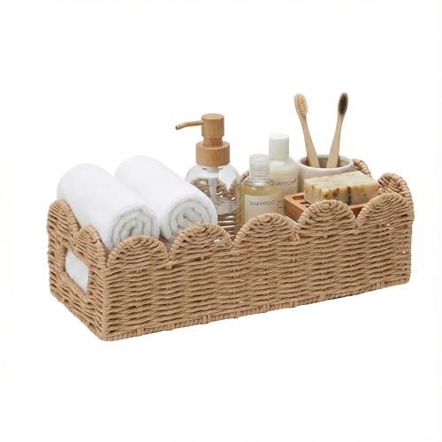 Scalloped Toilet Tank Basket — Paper Rope Woven Toilet Paper Holder for Back of Toilet, Natural Scalloped Wicker Tray, Boho Bathroom Organizer and Storage for Tank Top, Countertop & Small Spaces - color: Khaki