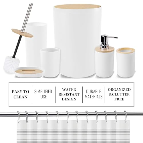 Britimes Bathroom Accessories Sets, White Shower Curtain Set with Trash Can, Soap Dispenser, Toilet Brush Holder, Toothbrush Holder and Toothbrush Cup for Bathroom Decor 72"*72" - color: White