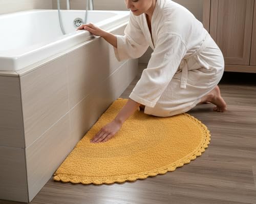 Half Circle Bohemian Bathroom Rug with Handwoven Chrochet Border, Beautifully Handcrafted 100% Cotton Mat - 22x42", Round Boho Bedroom Rug, Boho Bathroom Décor, Machine Washable - Honey Mustard - color: Mustard, size: 1'10" x 3'6" (Semicircular)