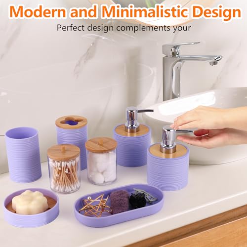 Bathroom Accessory Set,10 PCS Purple Bathroom Set with Trash Can,Toothbrush Holder,Soap Dispenser,Toothbrush Cup,Vanity Tray,Soap Dish,Toilet Brush,Qtip Holders - color: Purple