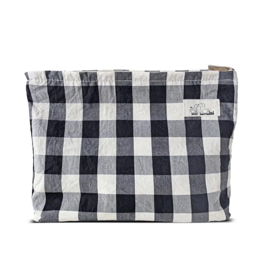 HAPPYHEIDI Large Cotton Black White Checker Makeup Bag with Compartment Cosmetic Toiletry Travel Pouch,Purse Accessory Organizer,Canvas Lined - color: Cotton Checker Large - w Compartment