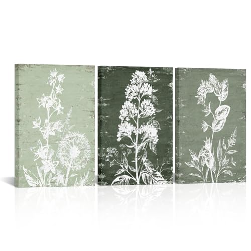 RnnJoile Boho Botanical Prints Sage Green Floral Canvas Picture Wall Art for Bathroom Decor Framed 16x24 inches each