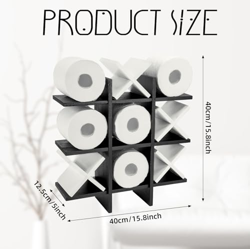 Weysat Tic Tac Toe Toilet Paper Holder Stand Bathroom Wall Decor Rustic Wooden Hanging Storage Freestanding Wall Mounted Shelves Decor for Toilet Tissue Farmhouse - color: Black, White