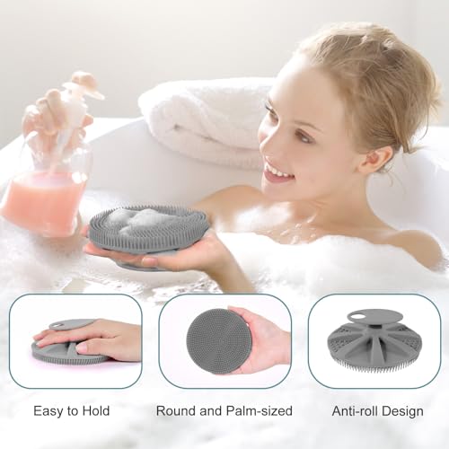 INNERNEED Food-Grade Soft Silicone Body Scrubber Shower Brush Handheld Cleansing Skin Brush, Gentle Exfoliating and Lather Well (Gray) - color: Gray
