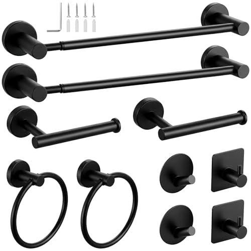 10-Pieces Matte Black Bathroom Accessories Set,Adjustable 14.5-24 Inch Bath Towel Bar Set, SUS 304 Stainless Steel Bathroom Hardware Set, Towel Racks for Bathroom Wall Mounted - color: Black, size: Adjustable 14.5-24 Inch 10 pcs