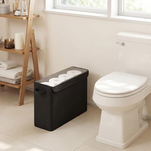 Cupic Cupid Toilet Paper Storage Baskets, Bathroom Toilet Paper Storage with Lid, Holds 12 Regular or 9 Mega Rolls, Slim Toilet Tissue Holder Basket with Clear PVC Lid and Handles, Black - color: Black