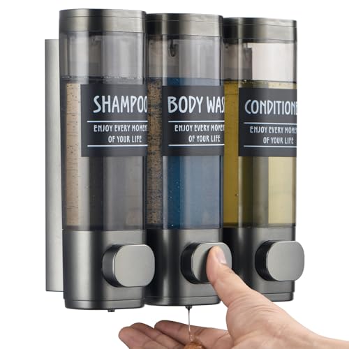 Shampoo and Conditioner Dispenser,GlintGath Shower Dispenser 3 Chamber No Drill Shampoo Dispenser for Shower Wall Mounted Shower Soap Dispenser for Bathroom Hotel,3 * 300ML,Gun Gray - color: Gun Gray 3 Chamber