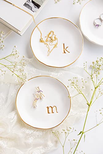 COLLECTIVE HOME Ceramic Jewelry Tray, Trinket Dish, Gifts for Women (H) | Mother's Day, Birthday, Christmas, Engagement Gifts, Vanity, Nightstand Decor, Embossed Gold Monogram Ring Dish with Gift Box - color: H