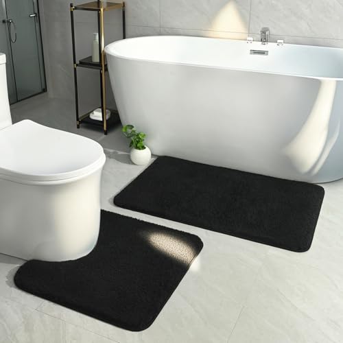 HOMORE Black Bathroom Rug Set 2 Piece,Soft Absorbent Bath Mats Set,Machine Washable Bath Rug Sets for Bathroom Non Slip,(21"x34"+21"x21") Plush Shaggy U Shape Contour Toilet - color: Black
