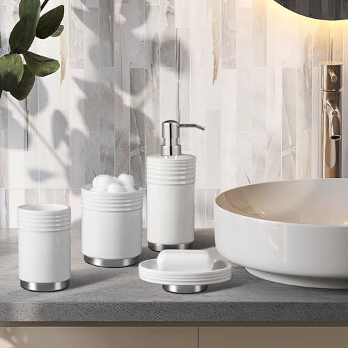 RQYIXI Bathroom Accessories Set 4 Pieces Ceramic Bathroom Accessory with Metal Base Set Contain Soap Dispenser Cotton Swab Jar Toothbrush Cup Soap Dish - color: White Metal Base