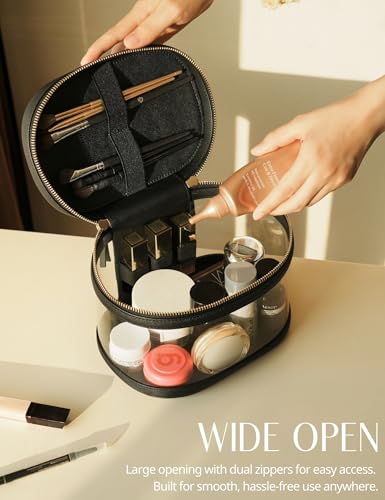 Popvibe Travel Makeup Bag Clear Compact Make Up Vanity Case with Brush Storage and Top Handle, Toiletry Makeup Case Traveling Leather Cosmetic Bag, Portable Medium Large Sized Train Case, Black - color: Black, style: Train Case