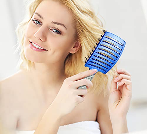 KTKUDY Detangling Brush Boar Bristles Hairbrush Make Hair Shiny & Healthier Curved and Vented Detangler Brush for Women Men Kids Wet and Dry Hair (Blue) - color: Blue
