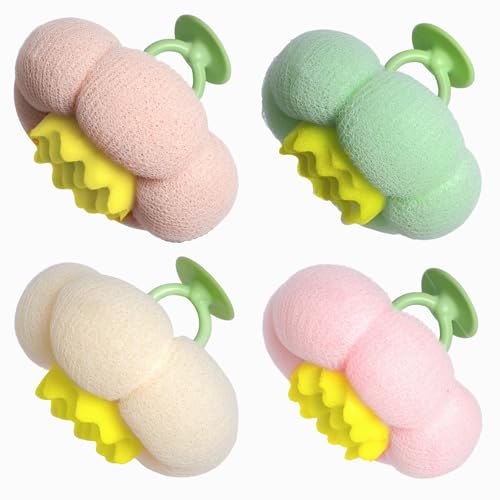 4 Pcs Bath Sponge, 2026 Upgrade Super Soft Yellow Flower-Shaped Suction Cup Bath Sponge, Upgraded 2-in-1 Flower-Shaped Ball Exfoliating Bath loofah Cleaning Brush, Mesh Shower Body Sponger4 Color - style: White+Pink+Green+Light Pink
