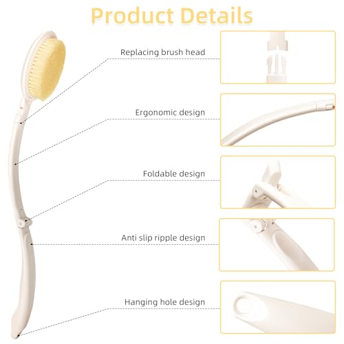 LFJ 19" Long Handle Shower Sponge Brush Set, 3 in 1 Body Brush, Bath Sponge and Lotion Applicator Improved Skin Health, Suitable for Men and Women (White Brush-1P) - size: 1P